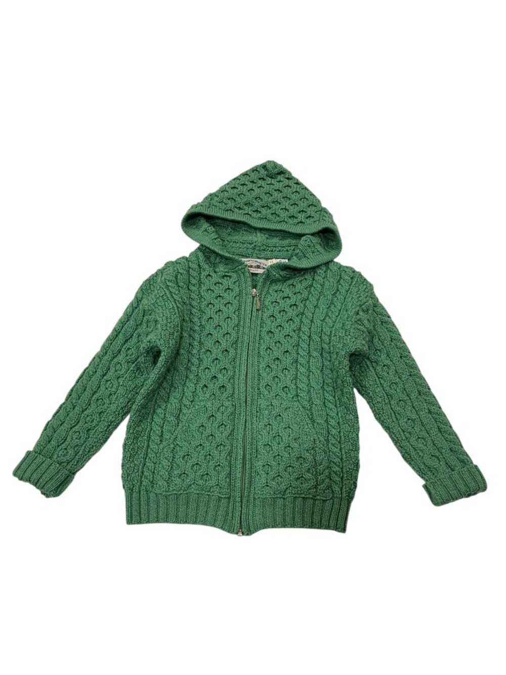 Aran Crafts Kid's Irish Cable Knit Hooded Zip Cardigan, Green Marl, 8-11 yrs